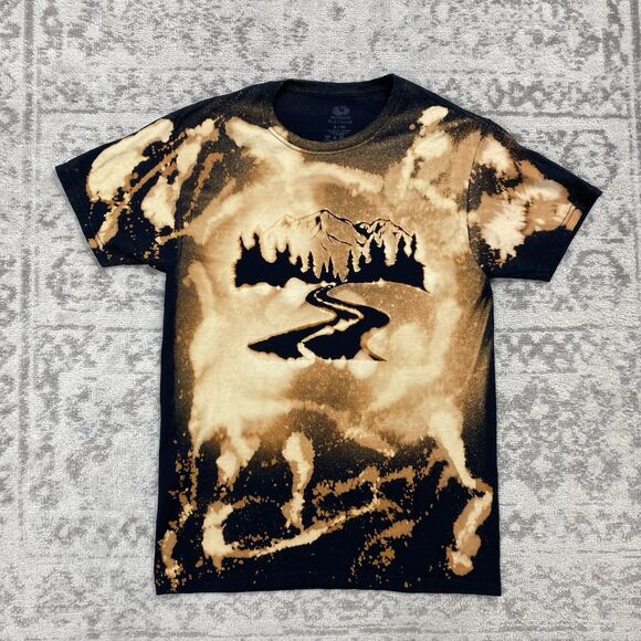 Custom T Shirt Bleach Mountain View Short Sleeve Black Gildan Shirt Size Small - Picture 1 of 6